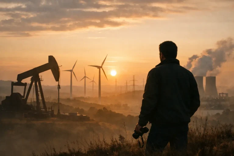 Uomo di spalle con binocolo davanti a un impianto petrolifero, turbine eoliche e ciminiere al tramonto.