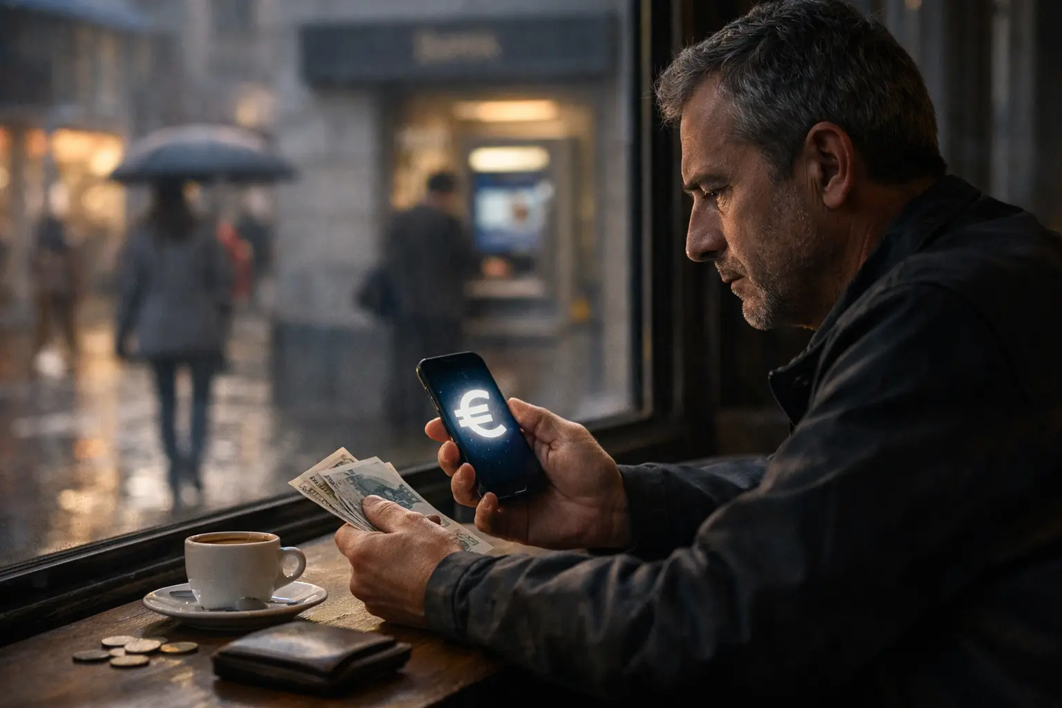 Uomo seduto al tavolo con smartphone e banconote in mano, accanto a una tazza di caffè e alcune monete.