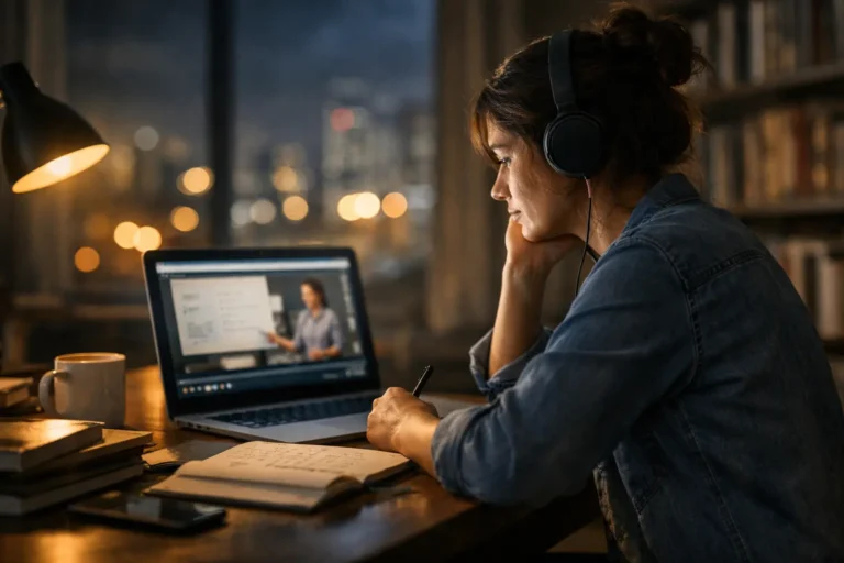 Donna con cuffie segue una lezione online al laptop e prende appunti su un quaderno.