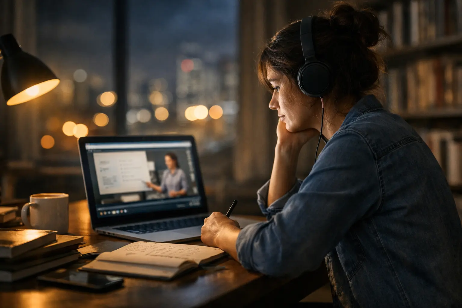 Donna con cuffie segue una lezione online al laptop e prende appunti su un quaderno.