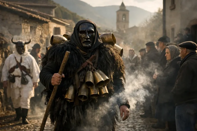Figura mascherata con mantello di pelo e campanacci avanza in una strada di paese tra spettatori e altri costumi.