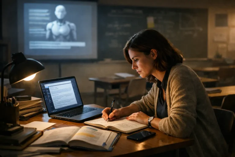 Donna al banco che prende appunti accanto a un laptop, con libri aperti e una proiezione di robot in aula.