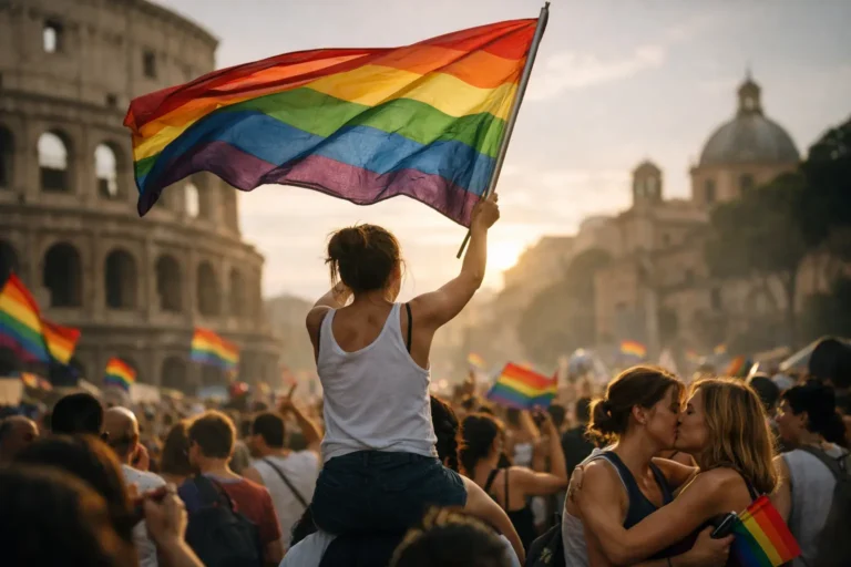 Persona sulle spalle agita una bandiera arcobaleno in una piazza affollata, mentre due donne si baciano.
