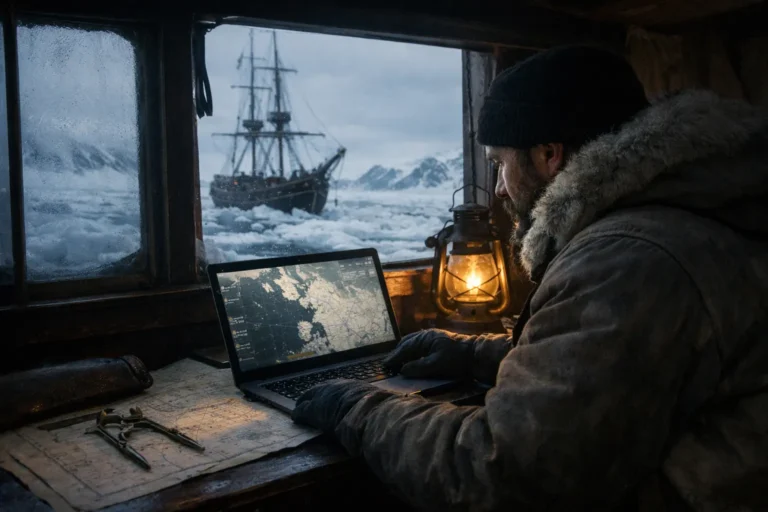 Uomo con cappuccio al laptop con mappa digitale, accanto a una lanterna; fuori una nave tra i ghiacci.