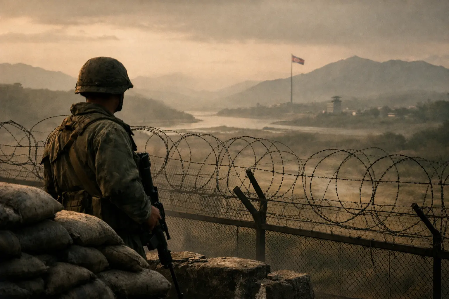 Soldato di guardia dietro filo spinato nella DMZ coreana, con montagne e bandiera sullo sfondo.