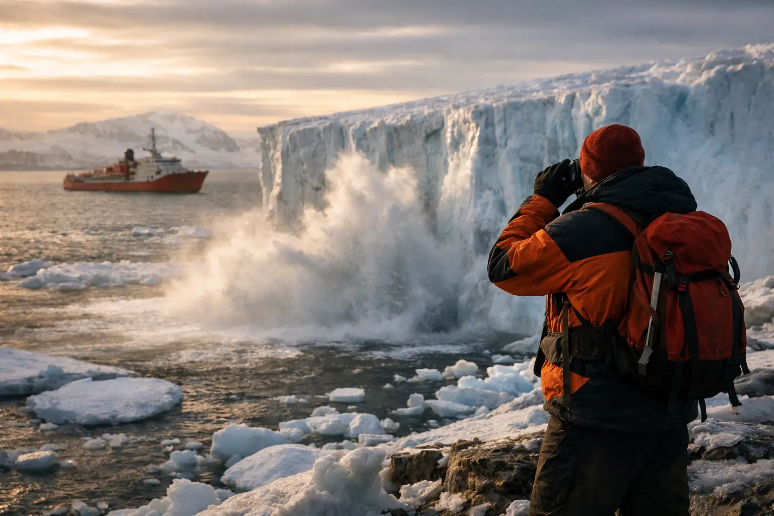 Ricercatore con zaino fotografa un enorme iceberg vicino a una nave tra i ghiacci al tramonto.