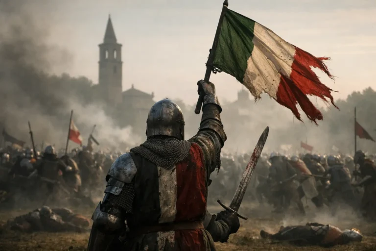 Guerriero medievale con bandiera italiana e spada in un campo di battaglia fumoso, con soldati sullo sfondo.