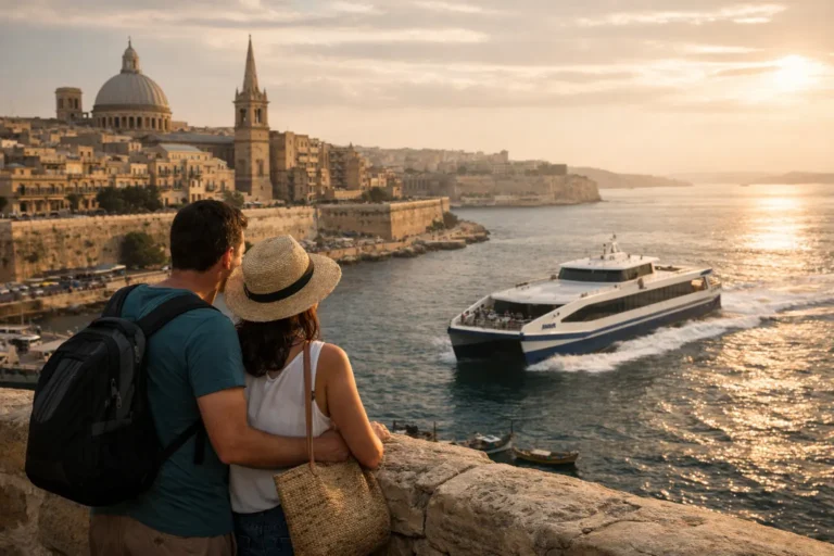 Coppia su bastione a La Valletta osserva un traghetto nel Grand Harbour al tramonto.