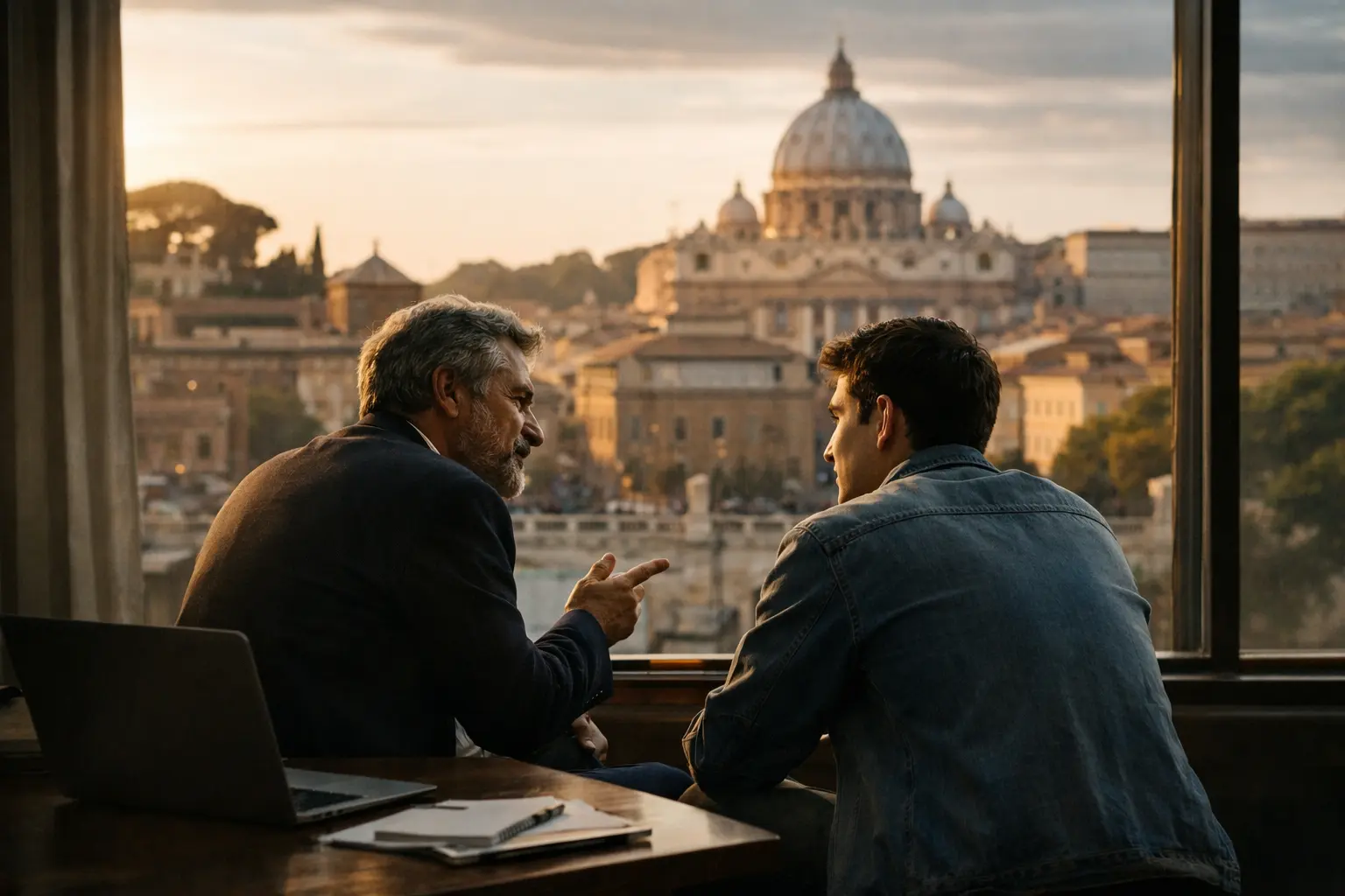 Due uomini seduti accanto a una finestra parlano davanti a un laptop, con Roma e San Pietro sullo sfondo.