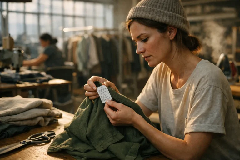 Donna in una sartoria controlla l’etichetta di un tessuto verde, con forbici e stoffe sul tavolo.