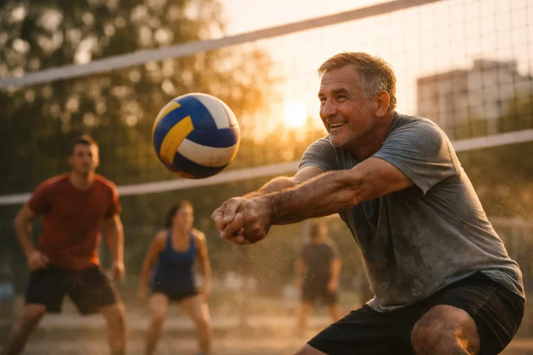 Anziano che colpisce un pallone da pallavolo su un campo all’aperto al tramonto, con altri giocatori sullo sfondo.