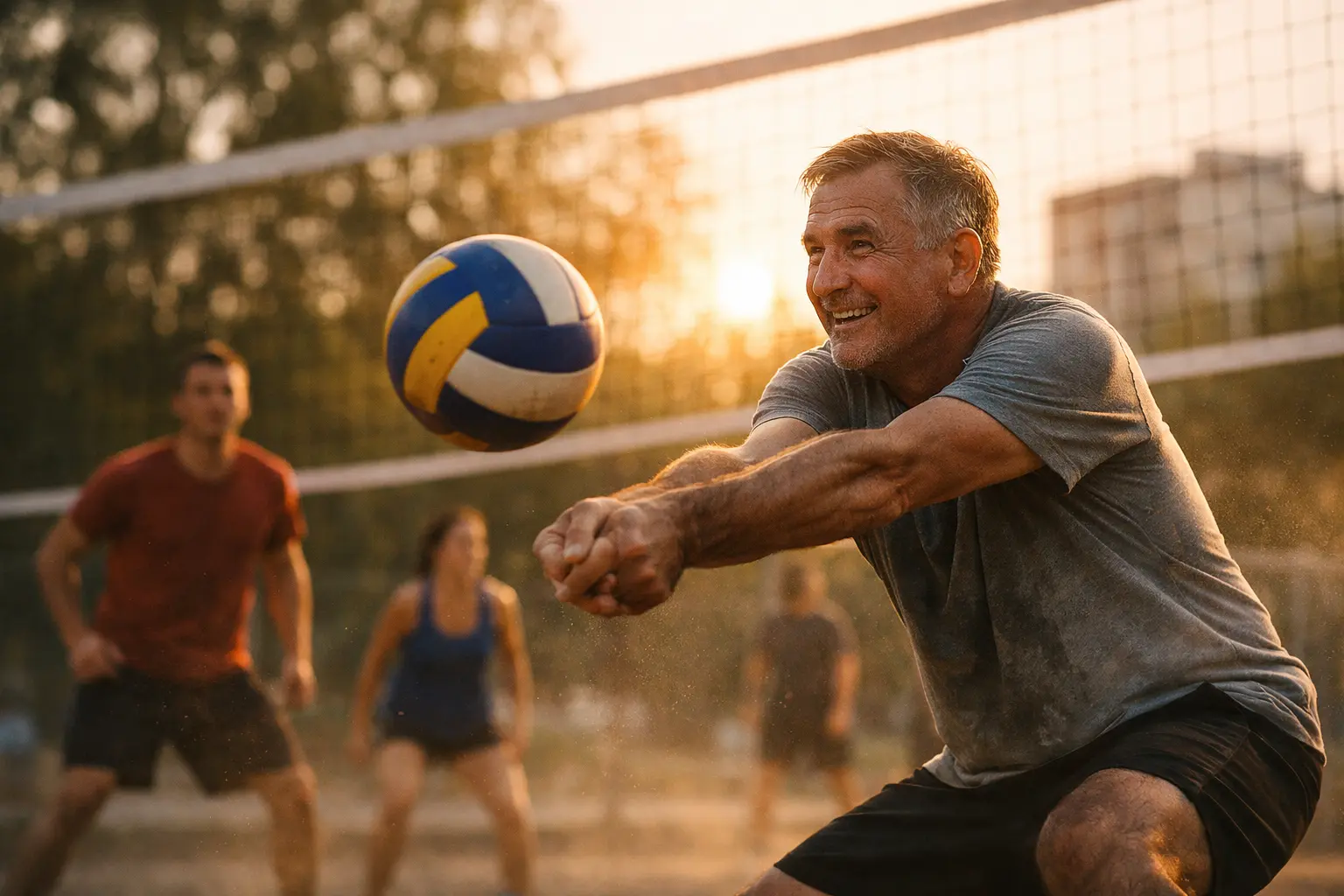 Anziano che colpisce un pallone da pallavolo su un campo all’aperto al tramonto, con altri giocatori sullo sfondo.