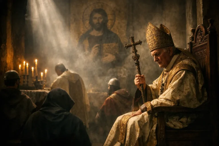 Papa in abiti liturgici seduto con croce pastorale in una basilica fumosa, tra candele e fedeli inginocchiati.