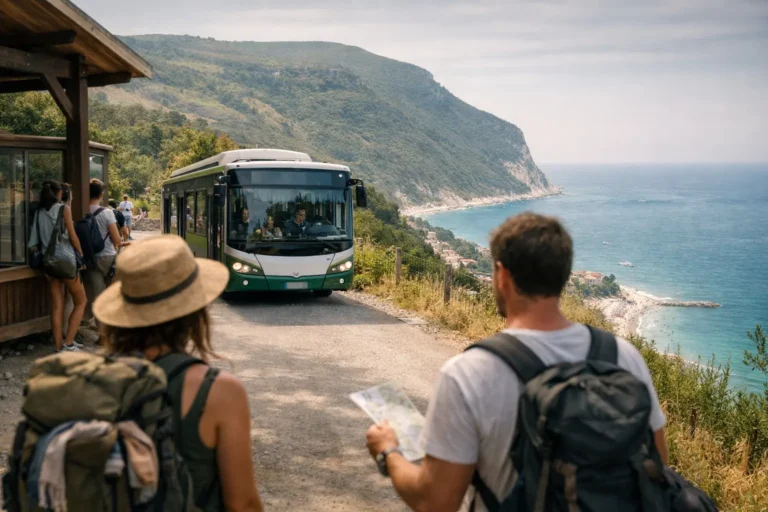 Escursionisti con zaini aspettano un bus navetta lungo la costa del Conero, con mare e falesia sullo sfondo