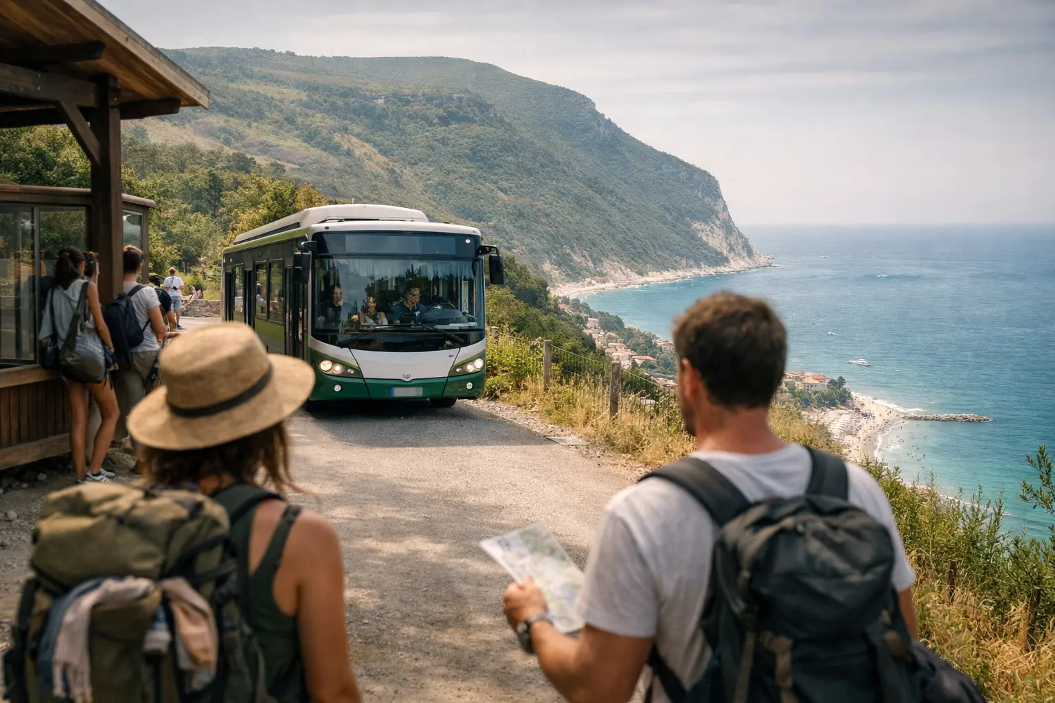 Escursionisti con zaini aspettano un bus navetta lungo la costa del Conero, con mare e falesia sullo sfondo