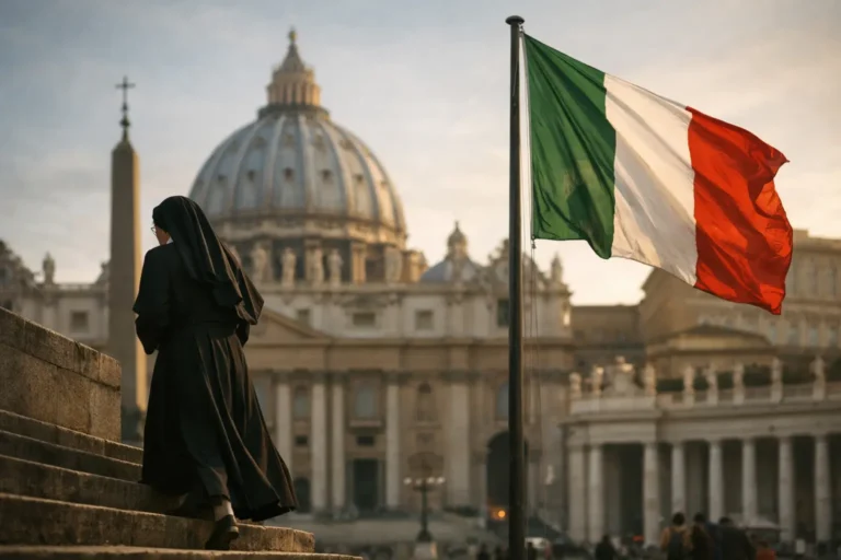 Suora in nero su una scalinata, con bandiera italiana in primo piano e basilica sullo sfondo.