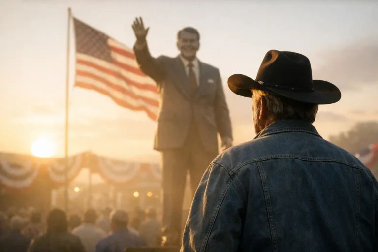 Uomo con cappello da cowboy osserva una statua di Reagan che saluta, con bandiera americana e folla sullo sfondo.