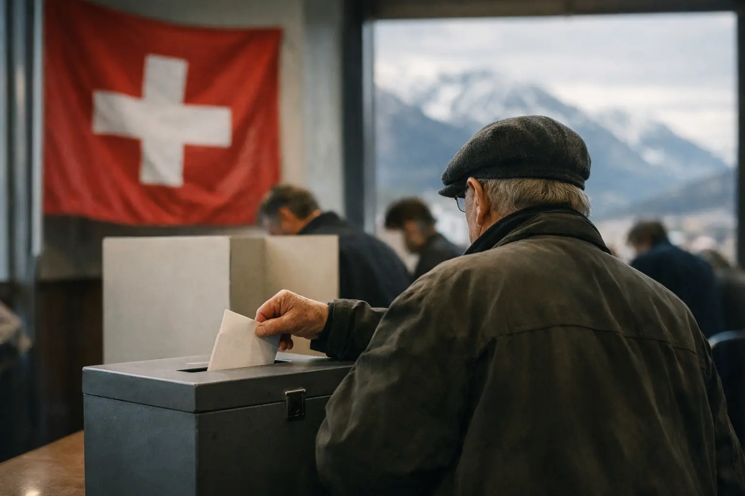 Anziano inserisce una scheda nell’urna; sullo sfondo bandiera svizzera e altri elettori in un seggio.