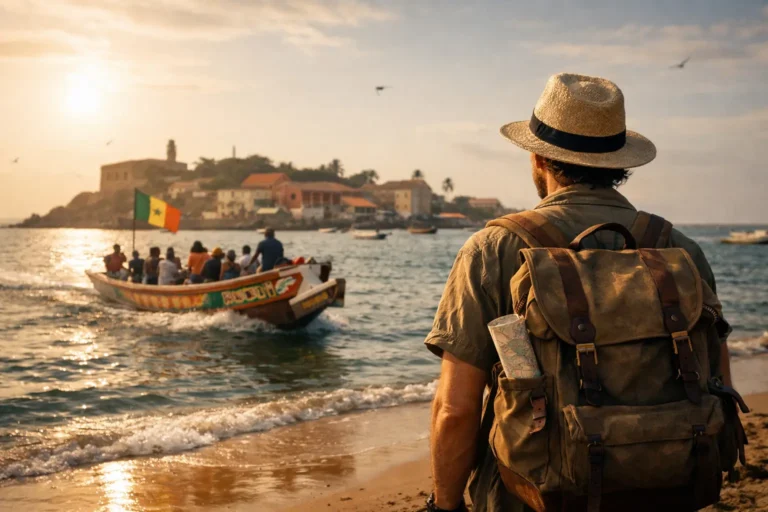 Viaggiatore con zaino osserva una piroga con bandiera del Senegal verso un’isola al tramonto.