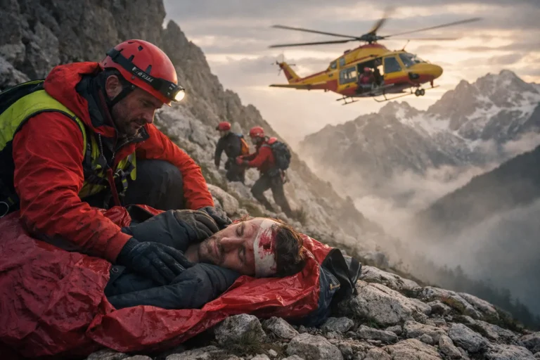 Soccorritore alpino assiste un escursionista ferito su un pendio roccioso, con un elicottero in volo sullo sfondo.