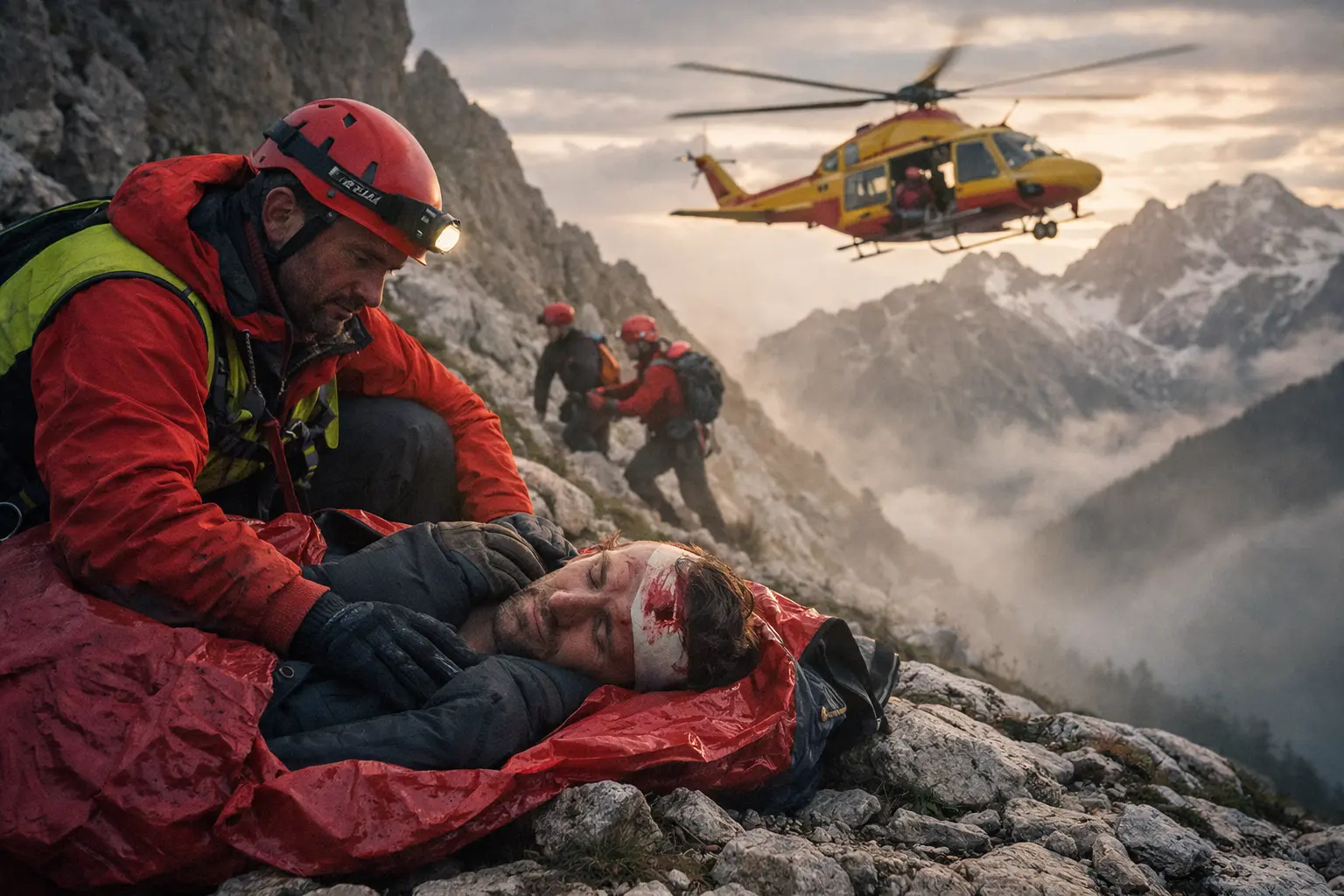 Soccorritore alpino assiste un escursionista ferito su un pendio roccioso, con un elicottero in volo sullo sfondo.