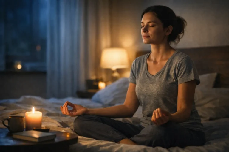 Donna seduta sul letto in meditazione, con candela accesa e luce soffusa in camera da letto.