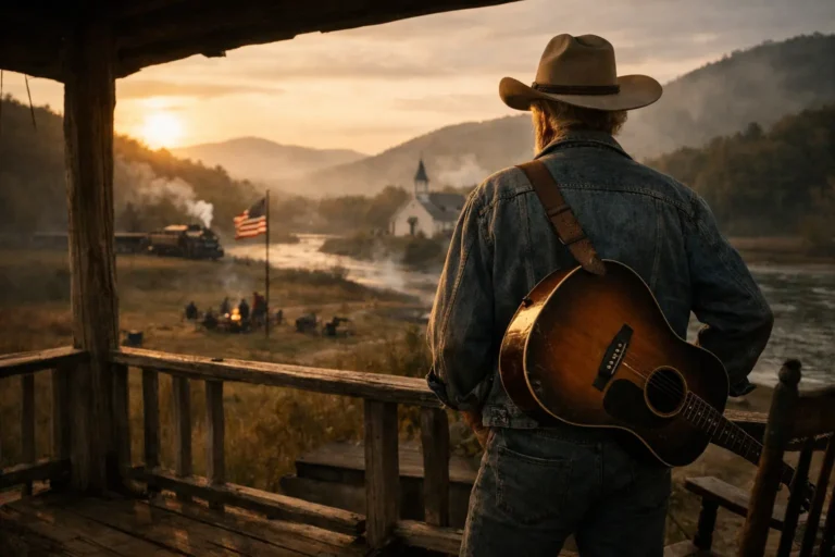 Uomo con cappello e chitarra su un portico, davanti a un fiume al tramonto con bandiera americana e chiesa sullo sfondo.