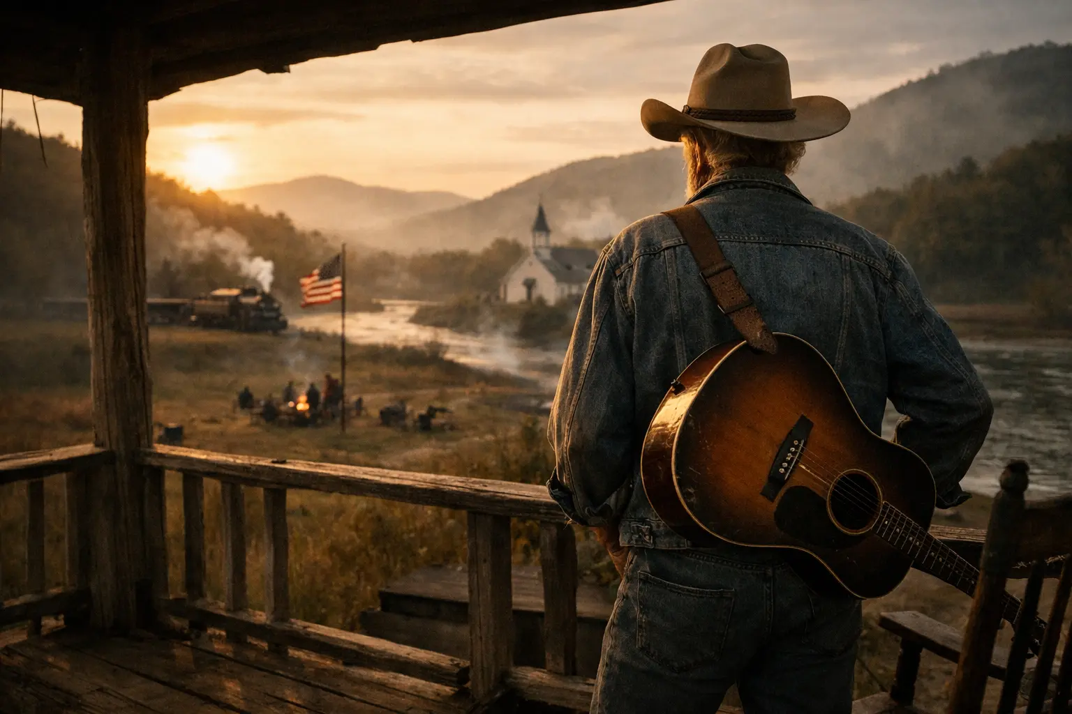 Uomo con cappello e chitarra su un portico, davanti a un fiume al tramonto con bandiera americana e chiesa sullo sfondo.