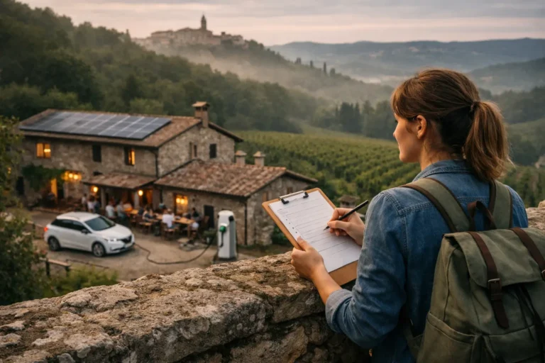 Donna con zaino compila una checklist davanti a un agriturismo con pannelli solari e colonnina di ricarica.