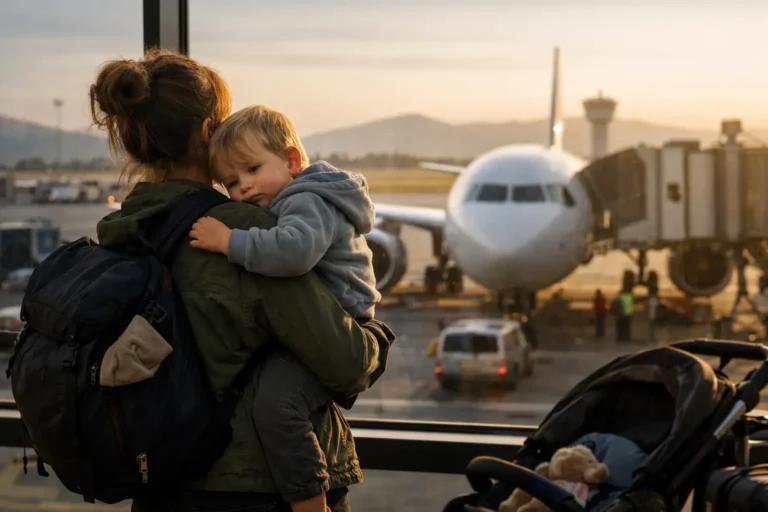 Donna con bambino in braccio in aeroporto, con passeggino in primo piano e aereo sullo sfondo.