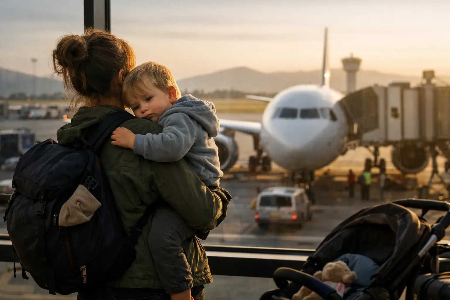 Donna con bambino in braccio in aeroporto, con passeggino in primo piano e aereo sullo sfondo.