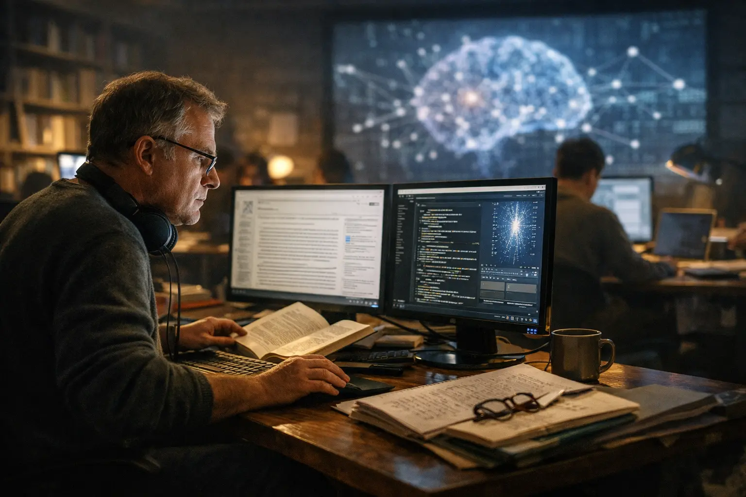 Uomo al computer con due monitor, libri aperti sulla scrivania e grafica di rete su uno schermo.